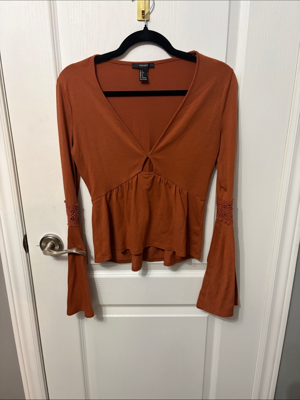 Forever 21 Rust V-Neck Peplum Bell-Sleeve Top